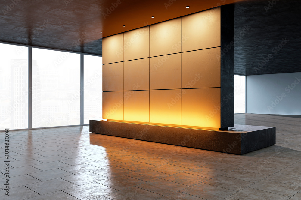 Poster Modern empty gallery room with backlit display wall and city view. 3D Rendering