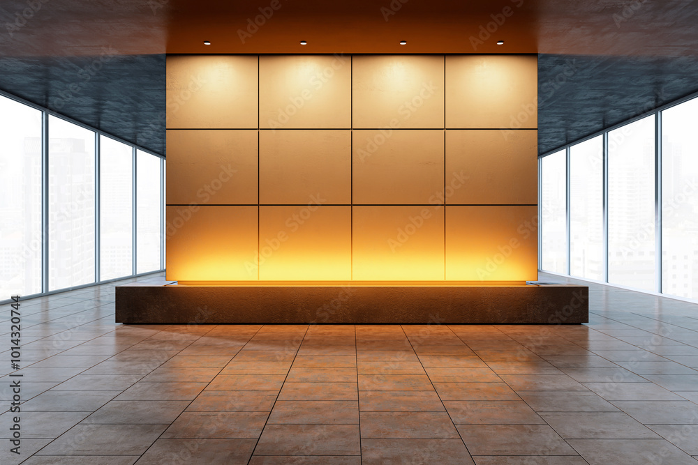 Poster Modern exhibition space with a central backlit display wall in a cityscape background. 3D Rendering