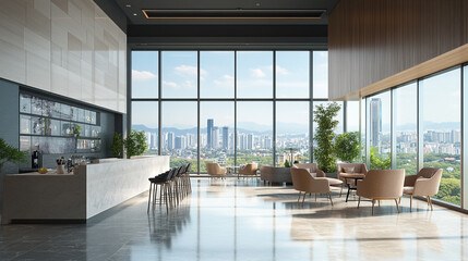 Fototapeta premium Modern lounge with panoramic city views in a high-rise building during a sunny afternoon