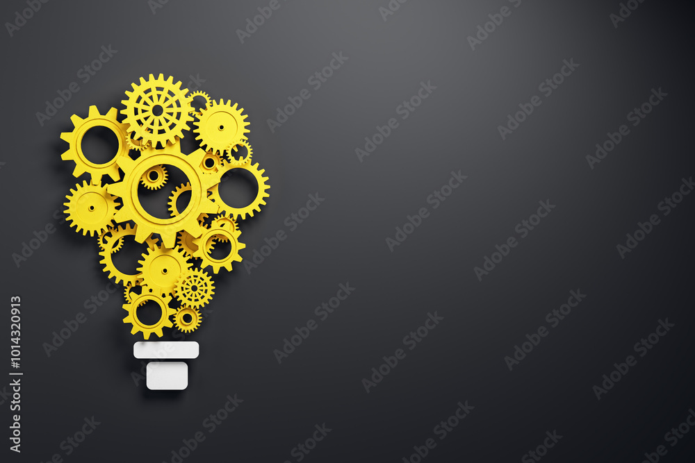 Aufkleber yellow cogwheels forming a lightbulb on a black background. 3d rendering