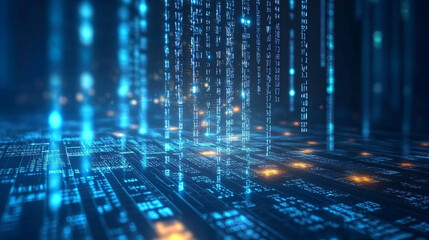 a high-tech array background with a matrix of data points and binary code illuminated against a dark,, Digital data stream of blue numbers and code flowing in the dark space, 