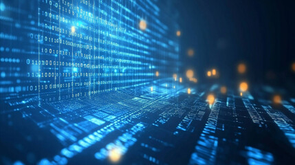 a high-tech array background with a matrix of data points and binary code illuminated against a dark,, Digital data stream of blue numbers and code flowing in the dark space, 