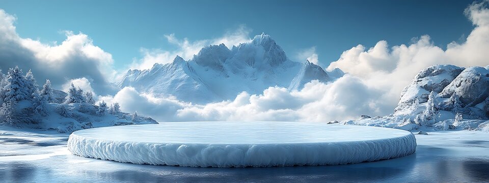  Ice podium background snow winter product platform cold mountain 3D. Podium ice display background cosmetic sky floor blue scene landscape frozen white cool stand pedestal minimal rock glacier nature