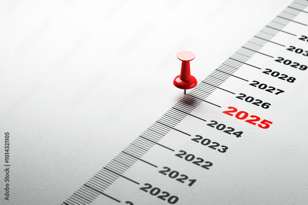 Poster red pin marking year 2025 on a timeline concept. 3d rendering