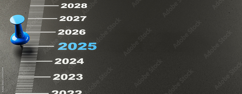 Poster blue pin marking year 2025 on a timeline concept. 3d rendering