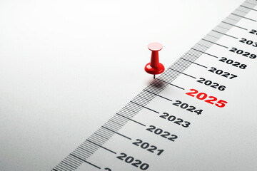 Red Pin Marking Year 2025 on a Timeline Concept. 3D Rendering