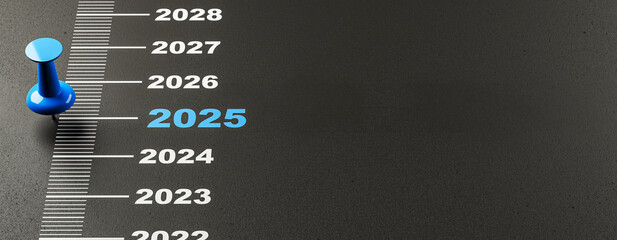 Blue Pin Marking Year 2025 on a Timeline Concept. 3D Rendering