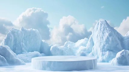 Fototapete Rund  Ice podium background snow winter product platform cold mountain 3D. Podium ice display background cosmetic sky floor blue scene landscape frozen white cool stand pedestal minimal rock glacier nature © Five Million Stock