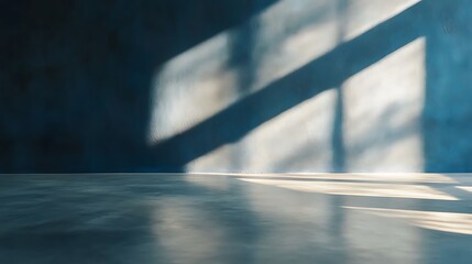Studio with podium for product presentation. Empty floor and blue wall with stand. 3D room with gradient background. Countertop with concrete or marble texture,