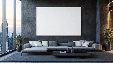 Fototapeta premium Modern living room with large blank screen and city view during daylight