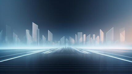 Fototapeta premium Empty Highway Leading Towards Dubai Skyline During Daytime, Sunrise Over Futuristic Urban Skyline. City skyline at sunrise with fog.