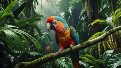 Obraz premium Colorful parrot perched on branch amidst lush green foliage in a tropical jungle