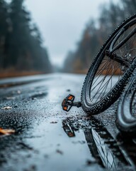 Close-up of bicycle wheels on a wet road during a rainy day.