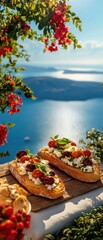 Delicious bruschetta with fresh ingredients, overlooking a stunning ocean view.