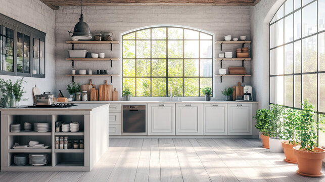Modern kitchen with large windows and bright natural light in a spacious interior setting