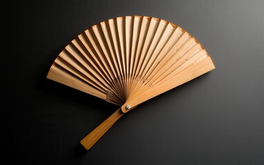 Elegant wooden fan on a dark background, showcasing intricate craftsmanship.