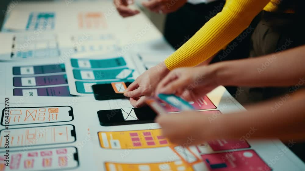 Poster User experience designers are working together to arrange mobile application interface designs. They are moving around different pieces of paper on a table