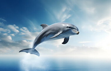 Cute dolphin jumping out of the sea water.