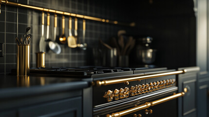 Modern kitchen design featuring gold accents and a stylish gas range in a contemporary home