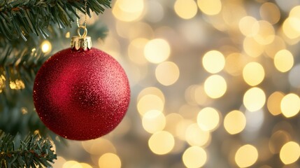 A brilliant red bauble decorates a green Christmas tree, shimmering against a backdrop of sparkling holiday lights, creating a joyful atmosphere