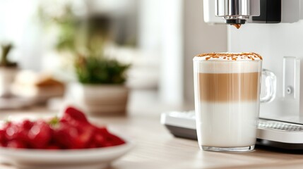 Obraz premium A barista-quality cappuccino is being expertly brewed by a sleek coffee machine in a cozy kitchen filled with morning light