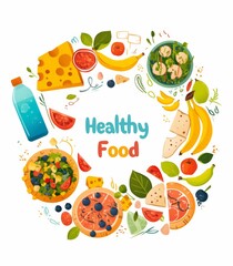A vector flat icon for "Healthy Food," featuring a white background and a circular arrangement of healthy food symbols