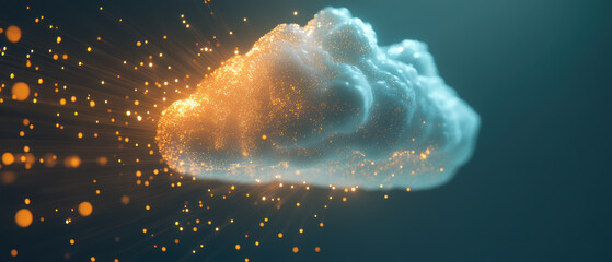 Fototapeta premium glowing cloud with vibrant particles radiating from it, symbolizing data connectivity and virtual networks. This captures essence of digital transformation and innovation