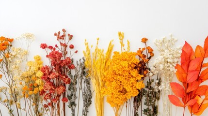A collection of vibrant dried flowers in various colors arranged neatly on a white background, highlighting nature's elegance and minimalism