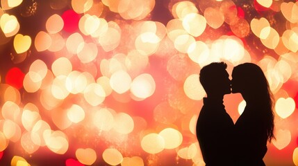 A couple embraces in a tender kiss, surrounded by vibrant heart-shaped bokeh lights during a romantic evening