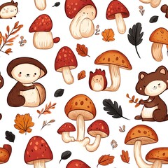 Cute woodland animals and mushrooms pattern