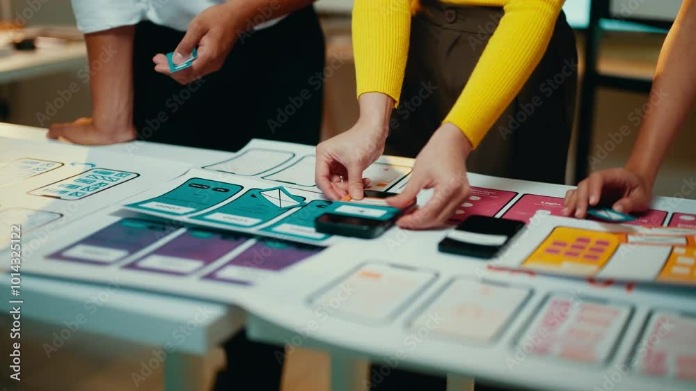 Poster Ui designers collaborate by moving cards on a table, crafting an optimal user experience for an upcoming mobile application. Creativity and teamwork drive the design process