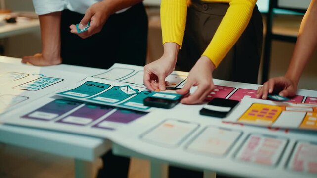 Ui designers collaborate by moving cards on a table, crafting an optimal user experience for an upcoming mobile application. Creativity and teamwork drive the design process