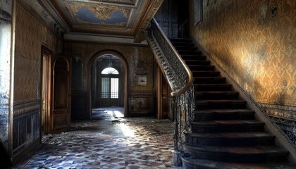 Naklejka premium A grand staircase in an abandoned mansion, sunlight streams through the doorway, revealing a crumbling interior.