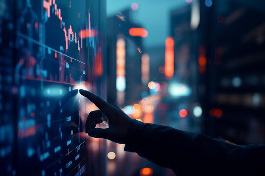A hand interacts with a digital financial chart on a touchscreen, set against a vibrant city backdrop conveying technology and finance themes