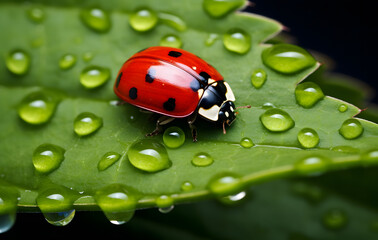Ladybug on a leaf with water drops, close up.