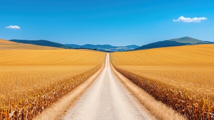 Rural Road Through Golden Cornfields and Plowed Fields Landscape