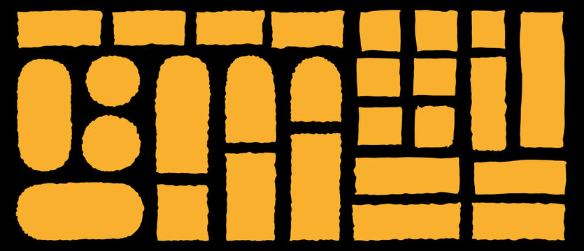 Vector hand drawn wobbly line frame shapes. Cute rounded square torn paper forms. Yellow scallop curved rectangles, circles, arches. Information box sticker backgrounds. Loose jagged wavy edges