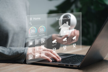 Smart home security technology assistant concept, Women use laptops to set security camera, Security wireless system, Digital dashboard smart control applications, Humidity, Temparature, Camera, Light