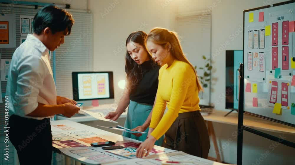 Poster Ui designers team working on a new mobile application, discussing user experience using wireframe and prototype in the office at night