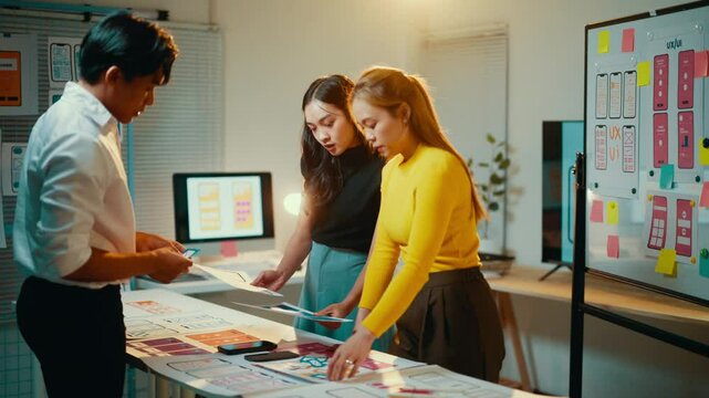 Ui designers team working on a new mobile application, discussing user experience using wireframe and prototype in the office at night