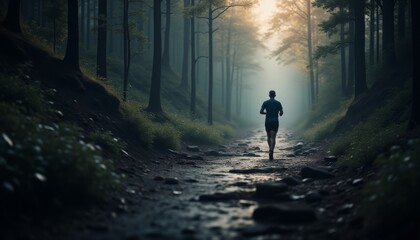 A man is running through a forest at night