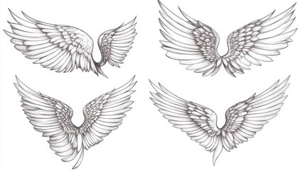 Obraz premium Vector set of tattoo wings design elements isolated on white background, hand drawn illustration in ink line style.