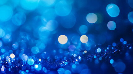 Sapphire glitter bokeh background. Unfocused shimmer royal blue sparkle, Abstract festive blur background, beautiful bokeh, camera lens effect, circular light spot
