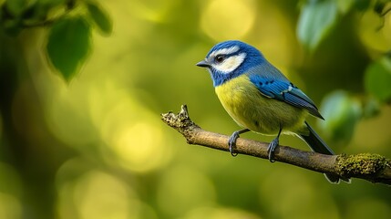 Fototapeta premium Blue Tit Perched on a Branch in a Lush Forest