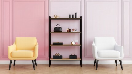 Stylish Salon Interior Design with Pink Walls  Yellow and White Armchairs  and Accessories