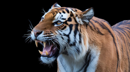 Fototapeta premium Wild view siberian tiger side portrait face black background