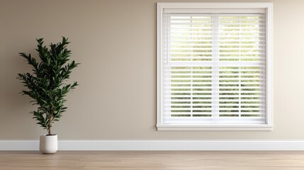 Fototapeta premium Minimalist Beige Wall with Window Blinds and Plant in Pot