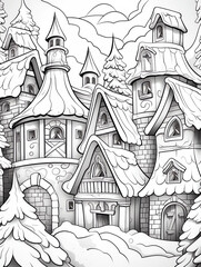 Obraz premium A whimsical fairy-tale village with snow-covered roofs and towering towers, a coloring page for adults