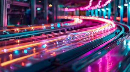 Long time exposure photography of an advanced manufacturing line, with neon lights casting vibrant colors over the moving conveyor belt