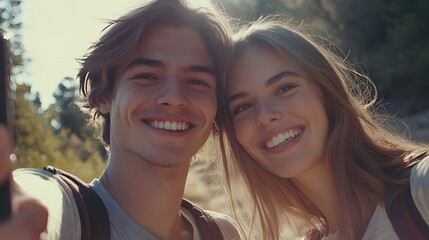 Obraz premium Happy Couple Taking a Selfie Outdoors